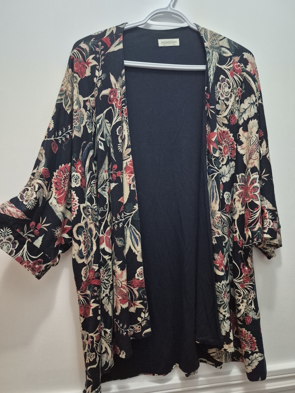 Monsoon Black Floral Open-Front Kimono Cardigan with Red and Cream Blooms